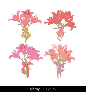 Ligne dessinée à la main lys colorés beaux bouquets romantiques ensemble avec noeuds d'arc mignons Illustration de Vecteur
