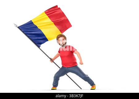 Personnage de dessin animé saisissant le drapeau roumain avec enthousiasme, incarnant l'esprit national et la fierté culturelle dans l'illustration vibrante. Rendu 3D. Banque D'Images