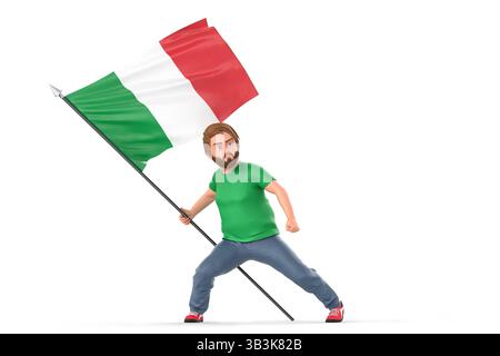 Homme de dessin animé tenant fermement et affichant fièrement un grand drapeau italien, symbolisant le patriotisme et l'identité nationale. Rendu 3D. Banque D'Images