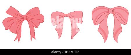 Ensemble d'élégants noeuds de ruban rose illustrations dessinées à la main. Collection de bowknot Satine luxuriant pour cadeaux, noeuds présents, emballage et coiffure Illustration de Vecteur