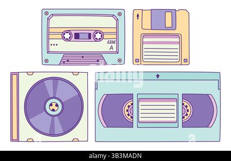 Ensemble de périphériques de stockage de données nostalgiques. Cassettes, disquettes, disques compacts et cassettes VHS de couleurs pastel. Icônes de médias rétro pour les années 80-90 Illustration de Vecteur