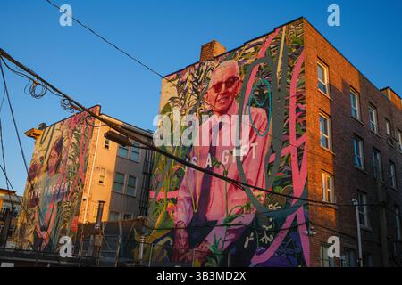 Une murale colorée au coucher du soleil près de main Street & West Broadway à Mount Pleasant, Vancouver, C.-B. Banque D'Images