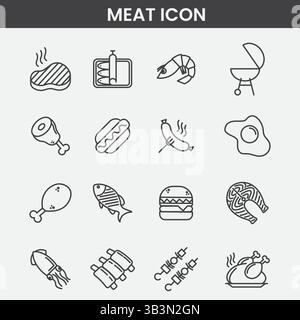 Collection d'icônes de viande minimaliste : dessins en noir et blanc de boucherie, barbecue, steak et symboles de volaille - graphiques vectoriels Illustration de Vecteur