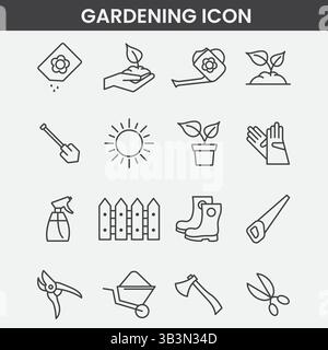 Ensemble d'icônes de jardinage minimaliste avec des outils, des plantes et des éléments de la nature dans le style artistique de ligne noir et blanc Illustration de Vecteur