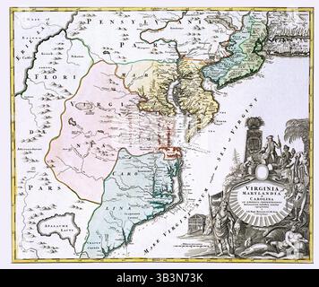 Virginie, Maryland et Caroline – carte des colonies britanniques antiques, Amérique du Nord du 17e siècle, carte coloniale historique Banque D'Images