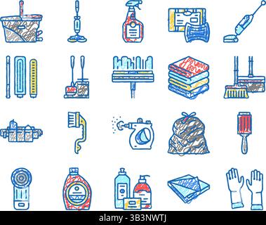 Nettoyage et lavage Accessoires icônes dessinées à la main Illustration de Vecteur