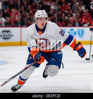 20 janvier 2018 : Chicago, Illinois, États-Unis - Islanders #28 Sebastian Aho en action lors du match de la Ligue nationale de hockey entre les Blackhawks de Chicago et les Islanders de New York au United Center à Chicago, il. Photographe : Mike Wulf(image de crédit : &copy ; Mike Wulf/CSM via ZUMA Wire) Banque D'Images