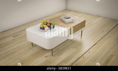 Cette table basse contemporaine est fabriquée en bois de haute qualité et conçue pour compléter les espaces de vie modernes. Banque D'Images