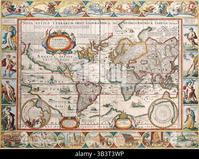 SEATTLE -SEP 26, 2024 - carte antique colorée du monde avec des illustrations détaillées des continents, des océans et des éléments célestes Banque D'Images