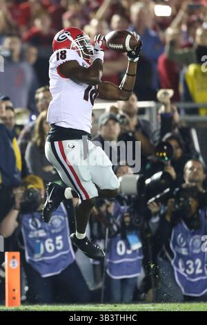 1er janvier 2018 : DeAndre Baker (18 ans), l'arrière défensif des Georgia Bulldogs, fait une interception en double prolongation, mais le jeu est interdit en raison d'une pénalité hors-jeu de Georgia dans le match entre les Georgia Bulldogs et Oklahoma Sooners, le Rose Bowl, Pasadena, CA.(crédit image : &copy ; Peter B Joneleit/CSM via ZUMA Wire) Banque D'Images