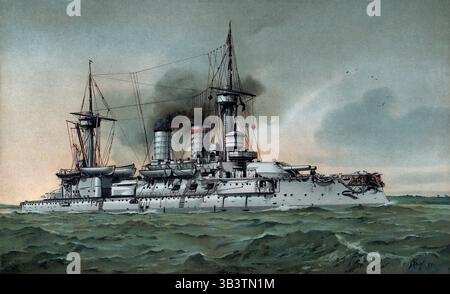 Le cuirassé S. M. Kurfürst Friedrich Wilhelm était un cuirassé de classe Brandebourg de la marine impériale allemande. Il a été lancé le 30 juin 1891 au chantier naval impérial de Wilhelmshaven et mis en service le 29 avril 1894. Caractéristiques techniques : - **longueur :** 115,7 m - **largeur :** 19,5 m - **tirant d'eau :** 7,9 m - **cylindrée :** 10 670 tonnes (maximum) - **vitesse :** 16,9 nœuds (environ 31 km/h) - **équipage :** 568–591 hommes - **armure :** - 4 canons de 28 cm - 6 canons de 10,5 cm - 8 × 8,8 cm 60 - 6 × 45 cm tubes torpilles - **armure 300 : ** armure de ceinture : 300 mm - historique : 400 mm Banque D'Images