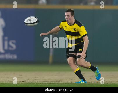4 février 2018 - Sugar Land, Texas, États-Unis - Cecil Garber (7 ans), flanker des SaberCats de Houston, tente d'intercepter la passe lors du match de rugby de la Major League entre la Capital Rugby Union et les SaberCats de Houston, le 3 février 2018 au Constellation Field à Sugar Land, Texas. (Crédit image : © Maria Lysaker via ZUMA Wire) Banque D'Images