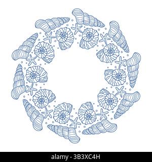 Motif cercle SEA LIFE avec coquillages et étoiles de mer dans un style artistique simple Illustration de Vecteur