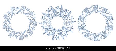 Motifs circulaires décoratifs sur le thème marin représentant des coquillages et des étoiles de mer aux contours bleus Illustration de Vecteur