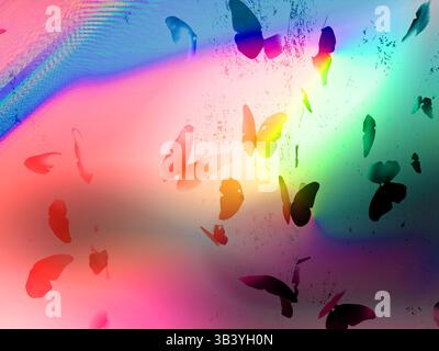 Œuvres d'art abstraites mettant en vedette des papillons silhouettes sur un dégradé de couleurs éclatantes et fluides. Il évoque des sentiments de liberté. Motif coloré. Banque D'Images