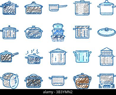 casserole cuisine aliments poêle cuisson icônes dessinées à la main Illustration de Vecteur