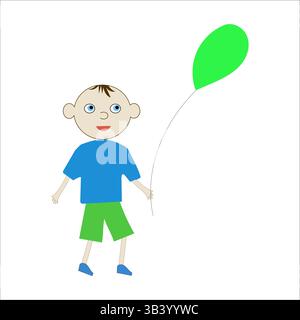 Garçon tenant un ballon. Forme flottante verte. Figurine de dessin animé pour enfant. Moment de fête vectoriel. Illustration de Vecteur