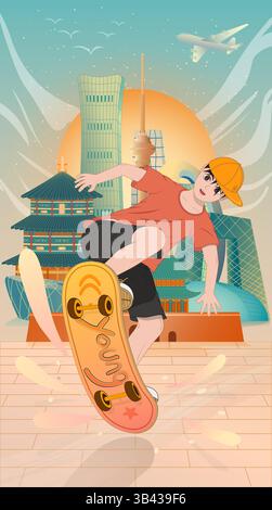 Illustration vectorielle d'adolescents jouant au skateboard Illustration de Vecteur