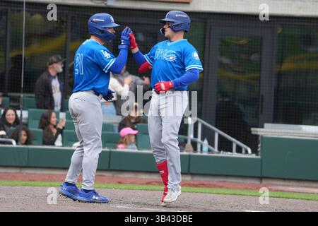 AVRIL 27 2025 : Ryan Ward (10 ans), premier joueur d'Oklahoma City, frappe un homer pendant le match avec Oklahoma City Comets et Salt Lake Bees au Smiths Field à Salt Lake Utah. David Seelig/Cal Sport Medi Banque D'Images