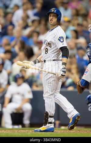31 juillet 2015 : Ryan Braun, le joueur de terrain droit des Milwaukee Brewers, #8 à battre dans le match de baseball de la Ligue majeure entre les Brewers de Milwaukee et les Cubs de Chicago au Miller Park à Milwaukee, WISCONSIN. John Fisher/CSM(image crédit : © John Fisher/Cal Sport Media/ZUMAPRESS.com) Banque D'Images