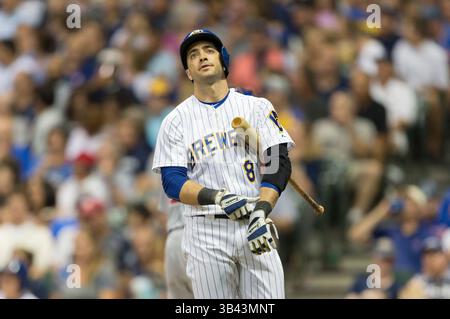 31 juillet 2015 : Ryan Braun, joueur de terrain droit des Milwaukee Brewers, #8 lors du match de baseball de la Ligue majeure entre les Brewers de Milwaukee et les Cubs de Chicago au Miller Park à Milwaukee, WISCONSIN. John Fisher/CSM(image crédit : © John Fisher/Cal Sport Media/ZUMAPRESS.com) Banque D'Images