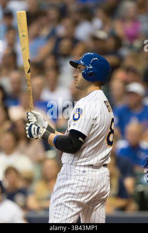31 juillet 2015 : Ryan Braun, le joueur de terrain droit des Milwaukee Brewers, #8 à battre dans le match de baseball de la Ligue majeure entre les Brewers de Milwaukee et les Cubs de Chicago au Miller Park à Milwaukee, WISCONSIN. John Fisher/CSM(image crédit : © John Fisher/Cal Sport Media/ZUMAPRESS.com) Banque D'Images