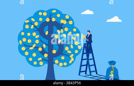 Illustration de concept de vecteur de l'homme d'affaires cueillant des fruits de l'arbre. Tirer profit de l'investissement Illustration de Vecteur