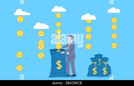 Illustration de concept de vecteur de l'homme d'affaires tenant sa poche pour attraper les pièces d'or qui tombent Illustration de Vecteur