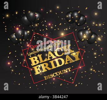 Black Friday Sale Golden Text a Balloons Black Friday Discount avec Confetti Lights Premium Black Friday offre avec lettres dorées Black Friday élégant Illustration de Vecteur