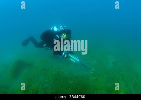 Octobre 15, 2014 - Sibérie, Russie - plongeur avec le détecteur de métaux à la recherche de trésor sous-marin, lac Baïkal, Sibérie, Russie, Eurasie. (Crédit image : © Andrey Nekrasov/ZUMA Wire/ZUMAPRESS.com) Banque D'Images
