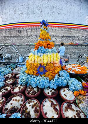 Un beau moment à Ruwanwelisaya, où les dévots offrent de la nourriture dans la vénération, capturant l'essence de la riche culture du Sri Lanka Banque D'Images
