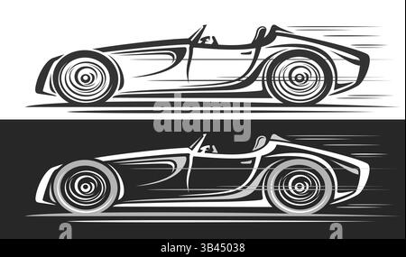 Logo vectoriel pour voiture de course rétro, bannières automobiles monochromes avec illustration de clip art de contour de la vieille voiture concept de minuterie en mouvement, illustration de runnin Illustration de Vecteur