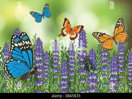 Les papillons vibrants flottent au-dessus d'un champ de lavande luxuriant. Les couleurs vives et l'illustration vectorielle détaillée capturent la beauté de la nature Illustration de Vecteur