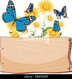 Des papillons colorés flottent autour de marguerites au-dessus d'un panneau en bois. Illustration vectorielle lumineuse et joyeuse avec des textures détaillées et des couleurs vibrantes Illustration de Vecteur