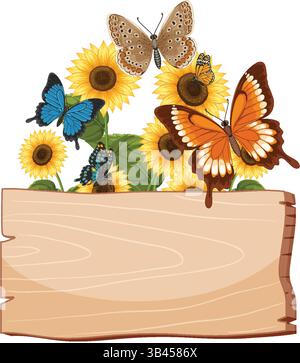 Des papillons vibrants flottent autour des tournesols au-dessus d'un panneau en bois rustique. Couleurs vives et illustration vectorielle détaillée Illustration de Vecteur