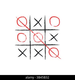 Un jeu de TIC tac toe tiré à la main avec un mouvement gagnant diagonal surligné en rouge Illustration de Vecteur