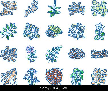 icônes de santé de médecine d'herbes ayurvédiques dessinées à la main Illustration de Vecteur