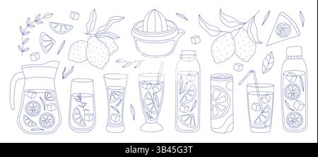 Dessinez le jus de limonade brillant dans différents verres Illustration de Vecteur