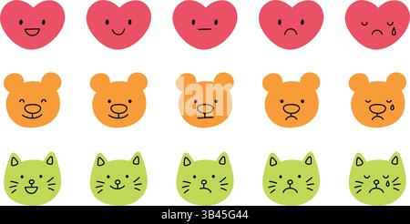 Adorable ensemble d'icônes de coeur, de chat et de visage d'ours. Sourire, triste et pleurer cœur. Chat kawaii emoji. Émoticône d'ours dessiné à la main. Bonne et mauvaise humeur. Vecteur Illustration de Vecteur