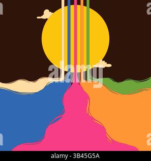 Bannière horizontale Groovy 90s avec soleil et nuages. Dessin animé design minimal avec vibes hippie. Parfait pour le web, l'impression, les affiches, la décoration Illustration de Vecteur