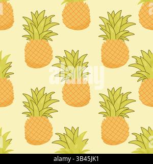 Motif sans couture ludique et lumineux avec des ananas de style bande dessinée sur un fond jaune doux pour les projets de conception d'été. Illustration de Vecteur