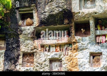 De spectaculaires effigies en bois grandeur nature ou tau tau des défunts sont nichées parmi les cryptes. Le site funéraire de Lemo est l'un des plus anciens sites de Toraja. Banque D'Images