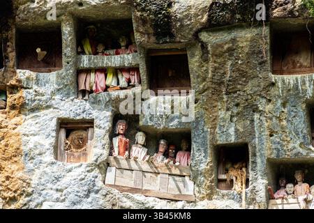 De spectaculaires effigies en bois grandeur nature ou tau tau des défunts sont nichées parmi les cryptes. Le site funéraire de Lemo est l'un des plus anciens sites de Toraja. Banque D'Images