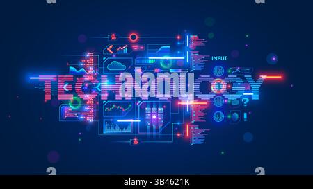 Concept de technologie de l'information. Futuriste technologie numérique de mot avec des icônes de technologie d'ordinateurs, des données de graphiques, programme de code. Technologie et Science backgr Illustration de Vecteur