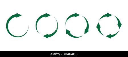 Ensemble de quatre icônes de rotation de flèches circulaires vertes sur fond blanc, représentant l'actualisation, le rechargement et la synchronisation Illustration de Vecteur