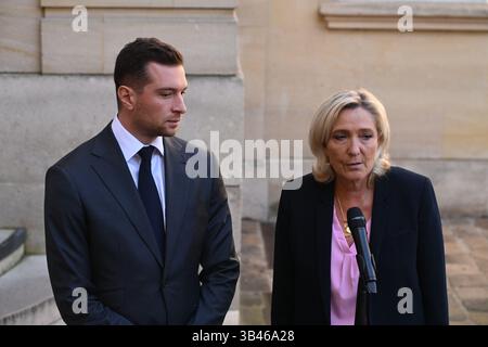 Paris, France. 30 avril 2025. Interview de Marine LePen, Jordan Bardella et François Bayrou sur l'introduction de la représentation proportionnelle à l'Hôtel de Matignon, 30 avril 2025 - 30/04/2025 - France/Paris - Julien Mattia/le Pictorium crédit : LE Pictorium/Alamy Live News Banque D'Images