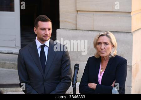 Paris, France. 30 avril 2025. Interview de Marine LePen, Jordan Bardella et François Bayrou sur l'introduction de la représentation proportionnelle à l'Hôtel de Matignon, 30 avril 2025 - 30/04/2025 - France/Paris - Julien Mattia/le Pictorium crédit : LE Pictorium/Alamy Live News Banque D'Images