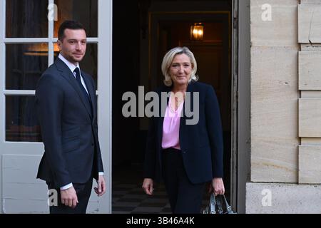 Paris, France. 30 avril 2025. Interview de Marine LePen, Jordan Bardella et François Bayrou sur l'introduction de la représentation proportionnelle à l'Hôtel de Matignon, 30 avril 2025 - 30/04/2025 - France/Paris - Julien Mattia/le Pictorium crédit : LE Pictorium/Alamy Live News Banque D'Images