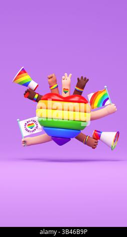 Modèle de publication de médias sociaux Happy Pride avec cœur arc-en-ciel et mains multi raciales, mégaphones et drapeaux dans l'illustration 3D et l'espace de copie. LGBTQIA+ PRI Banque D'Images