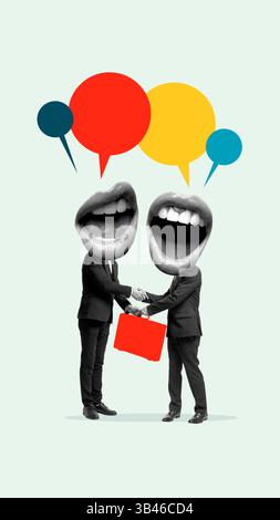 Collage artistique créatif. Gérer le dialogue. Deux figures adaptées avec des bouches comme des têtes serrant la main et échangeant des idées dans des bulles de discours. Banque D'Images